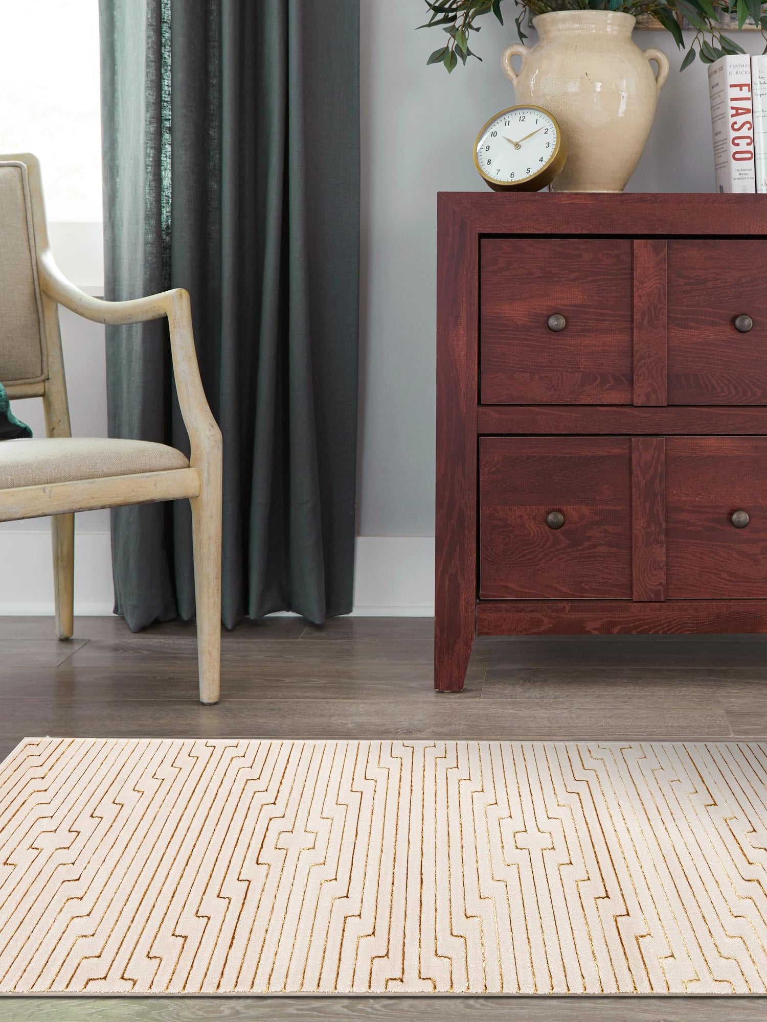 White and Gold 2' x 8' Vogue Geo Runner Area Rug Geometric Glam Style Shiny Accents Carpet Mat for Unique Interior Design & Home Decor for Sale at Rug Engine