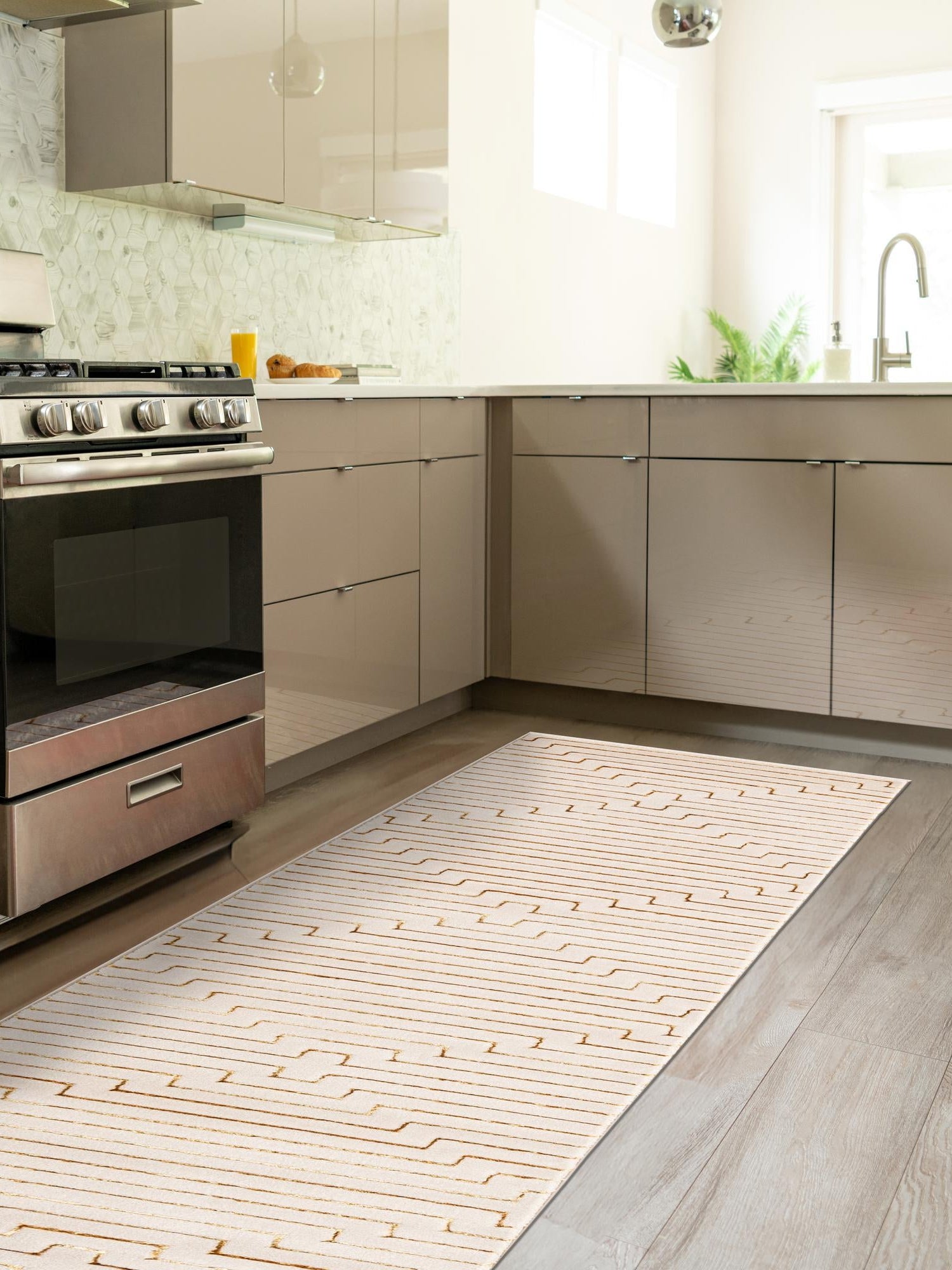 White and Gold 2' x 8' Vogue Geo Runner Area Rug Geometric Glam Style Shiny Accents Carpet Mat for Unique Interior Design & Home Decor for Sale at Rug Engine