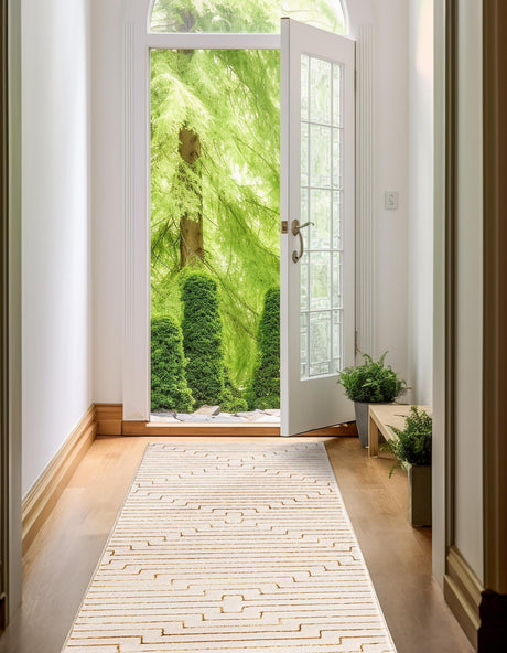White and Gold 2' x 6' 1 Vogue Geo Runner Area Rug Geometric Glam Style Shiny Accents Carpet Mat for Unique Interior Design & Home Decor for Sale at Rug Engine