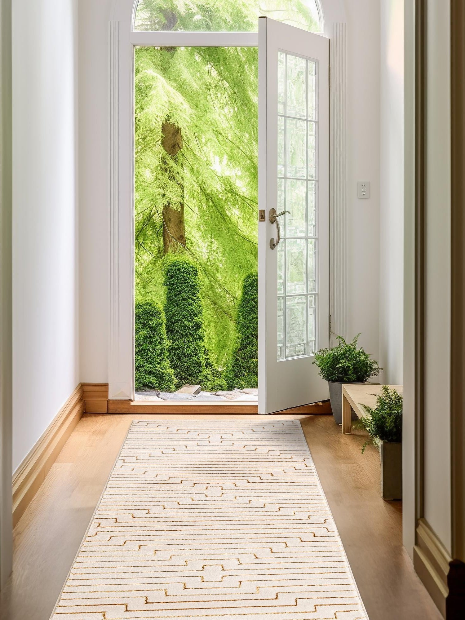 White and Gold 2' x 8' Vogue Geo Runner Area Rug Geometric Glam Style Shiny Accents Carpet Mat for Unique Interior Design & Home Decor for Sale at Rug Engine