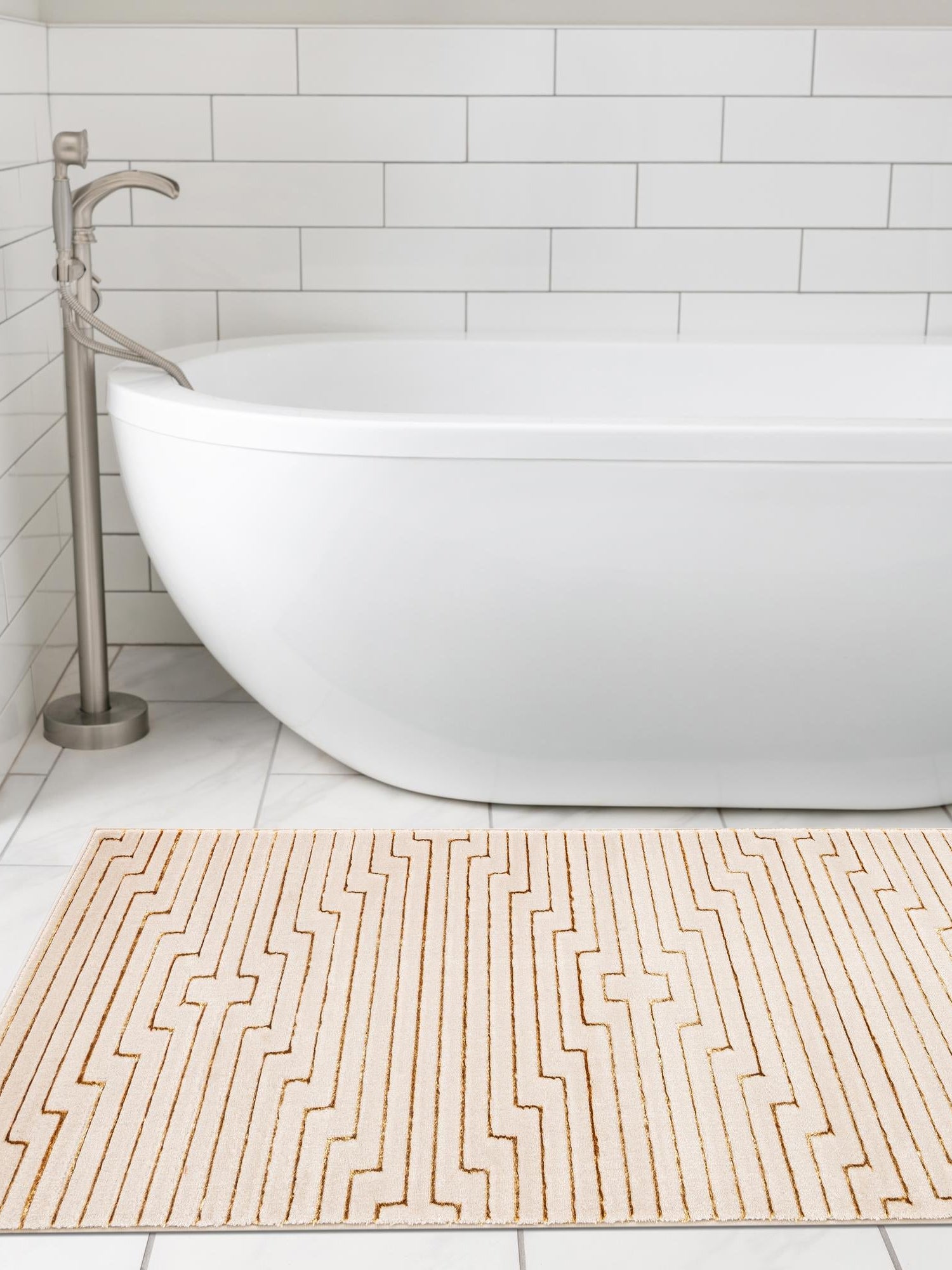 White and Gold 2' x 8' Vogue Geo Runner Area Rug Geometric Glam Style Shiny Accents Carpet Mat for Unique Interior Design & Home Decor for Sale at Rug Engine