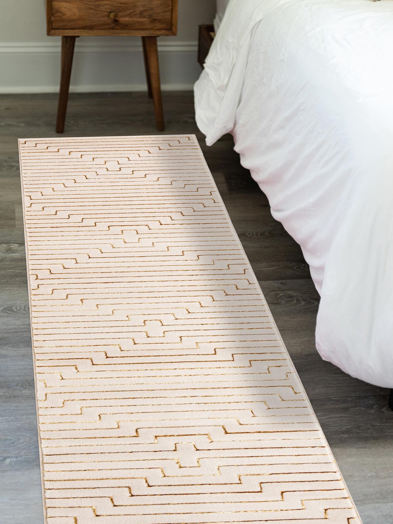 White and Gold 2' x 8' Vogue Geo Runner Area Rug Geometric Glam Style Shiny Accents Carpet Mat for Unique Interior Design & Home Decor for Sale at Rug Engine