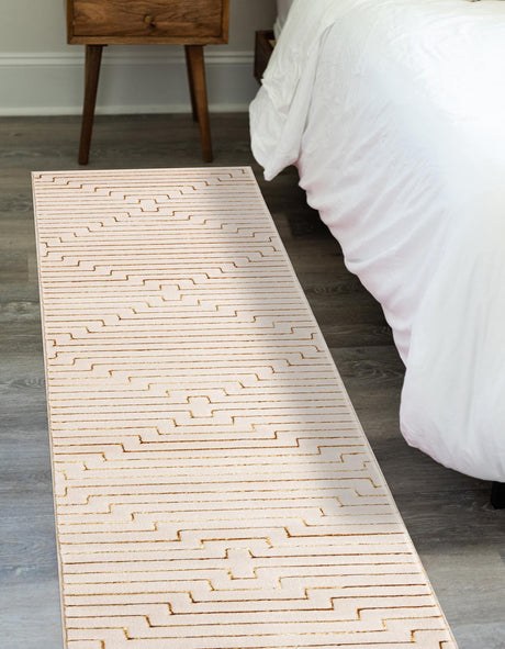White and Gold 2' x 8' Vogue Geo Runner Area Rug Geometric Glam Style Shiny Accents Carpet Mat for Unique Interior Design & Home Decor for Sale at Rug Engine