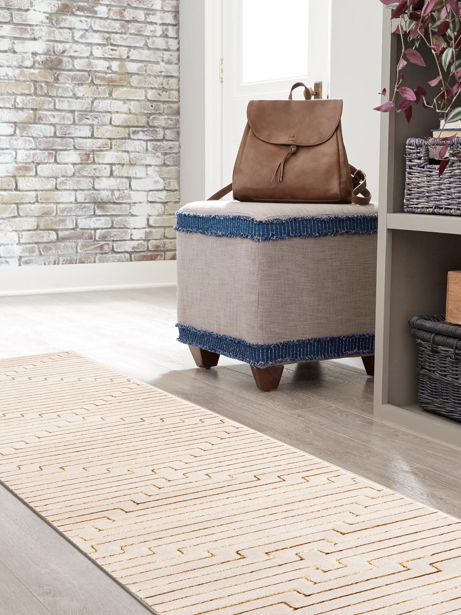 White and Gold 2' x 8' Vogue Geo Runner Area Rug Geometric Glam Style Shiny Accents Carpet Mat for Unique Interior Design & Home Decor for Sale at Rug Engine