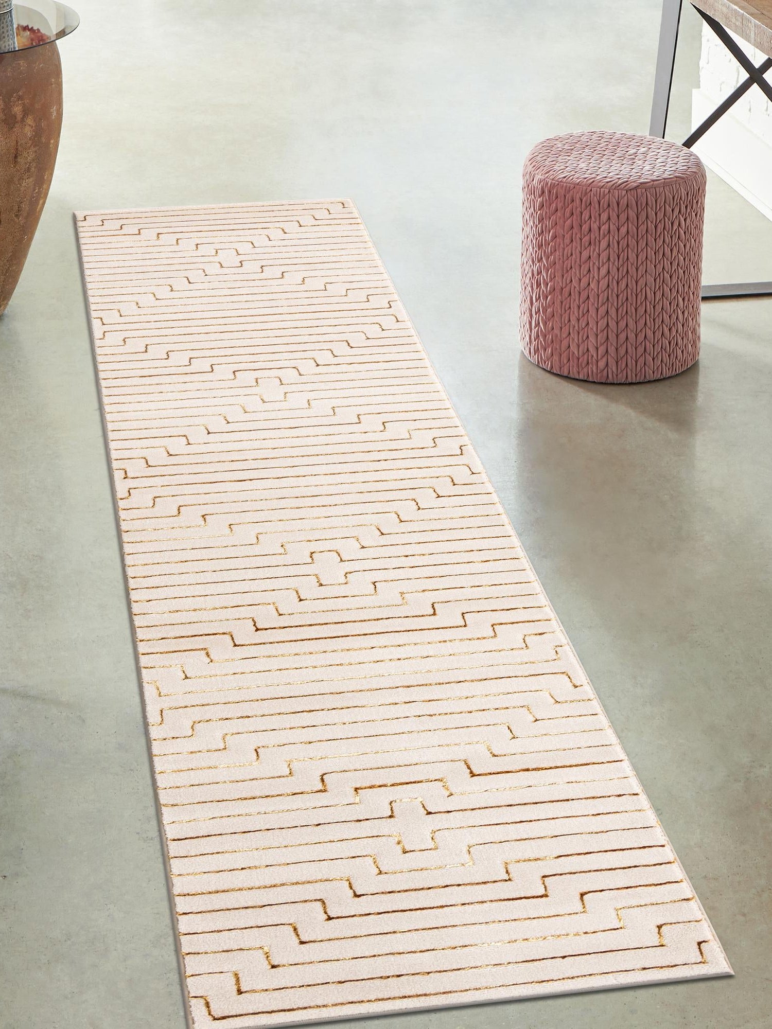 White and Gold 2' x 8' Vogue Geo Runner Area Rug Geometric Glam Style Shiny Accents Carpet Mat for Unique Interior Design & Home Decor for Sale at Rug Engine