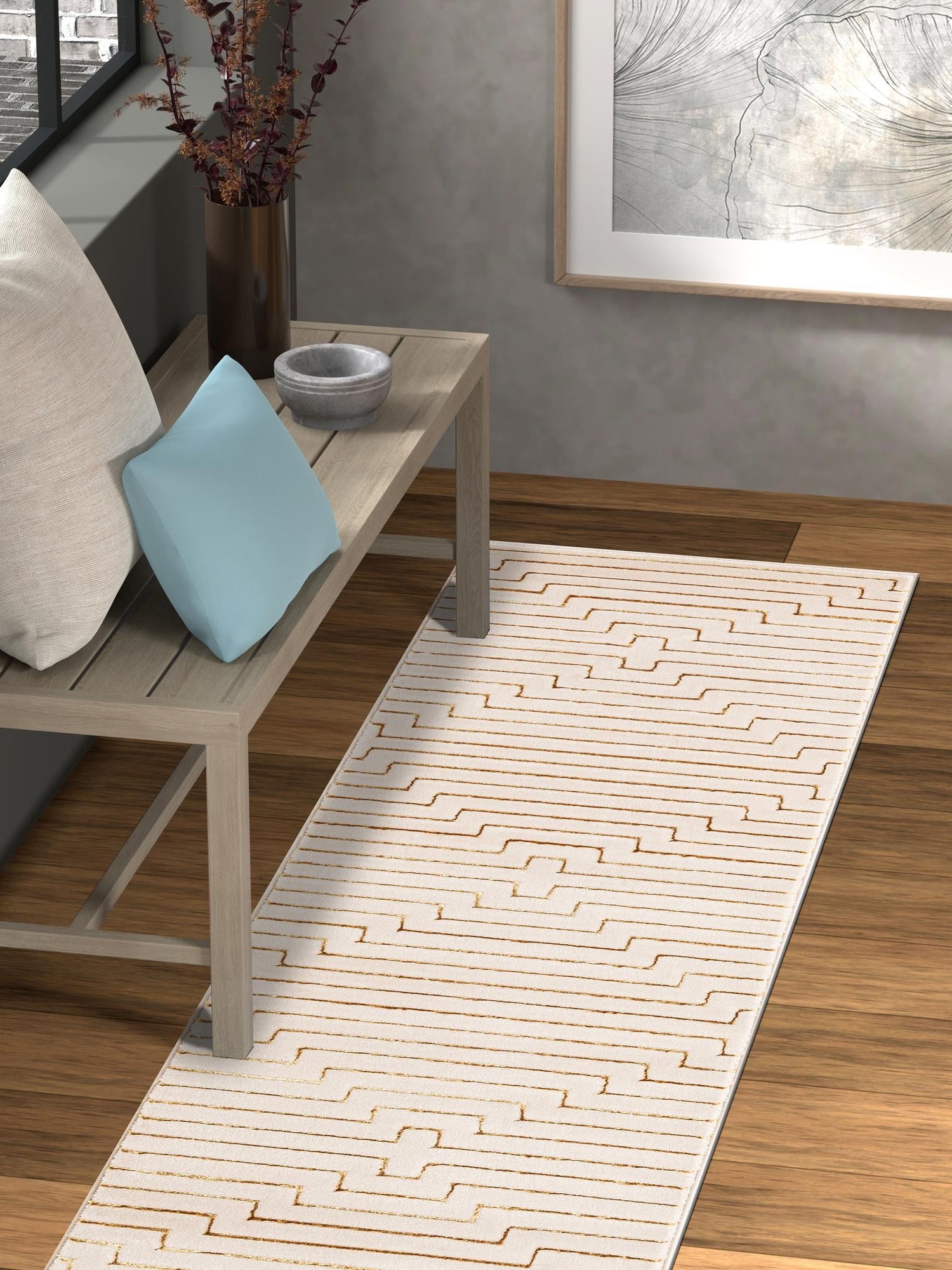 White and Gold 2' x 8' Vogue Geo Runner Area Rug Geometric Glam Style Shiny Accents Carpet Mat for Unique Interior Design & Home Decor for Sale at Rug Engine