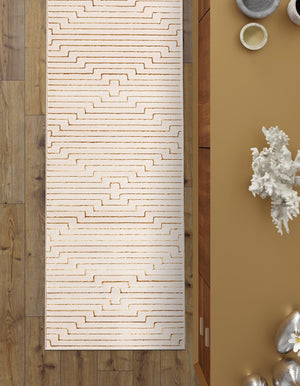 White and Gold 2' x 6' 1 Vogue Geo Runner Area Rug Geometric Glam Style Shiny Accents Carpet Mat for Unique Interior Design & Home Decor for Sale at Rug Engine