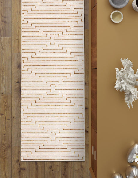 White and Gold 2' x 6' 1 Vogue Geo Runner Area Rug Geometric Glam Style Shiny Accents Carpet Mat for Unique Interior Design & Home Decor for Sale at Rug Engine
