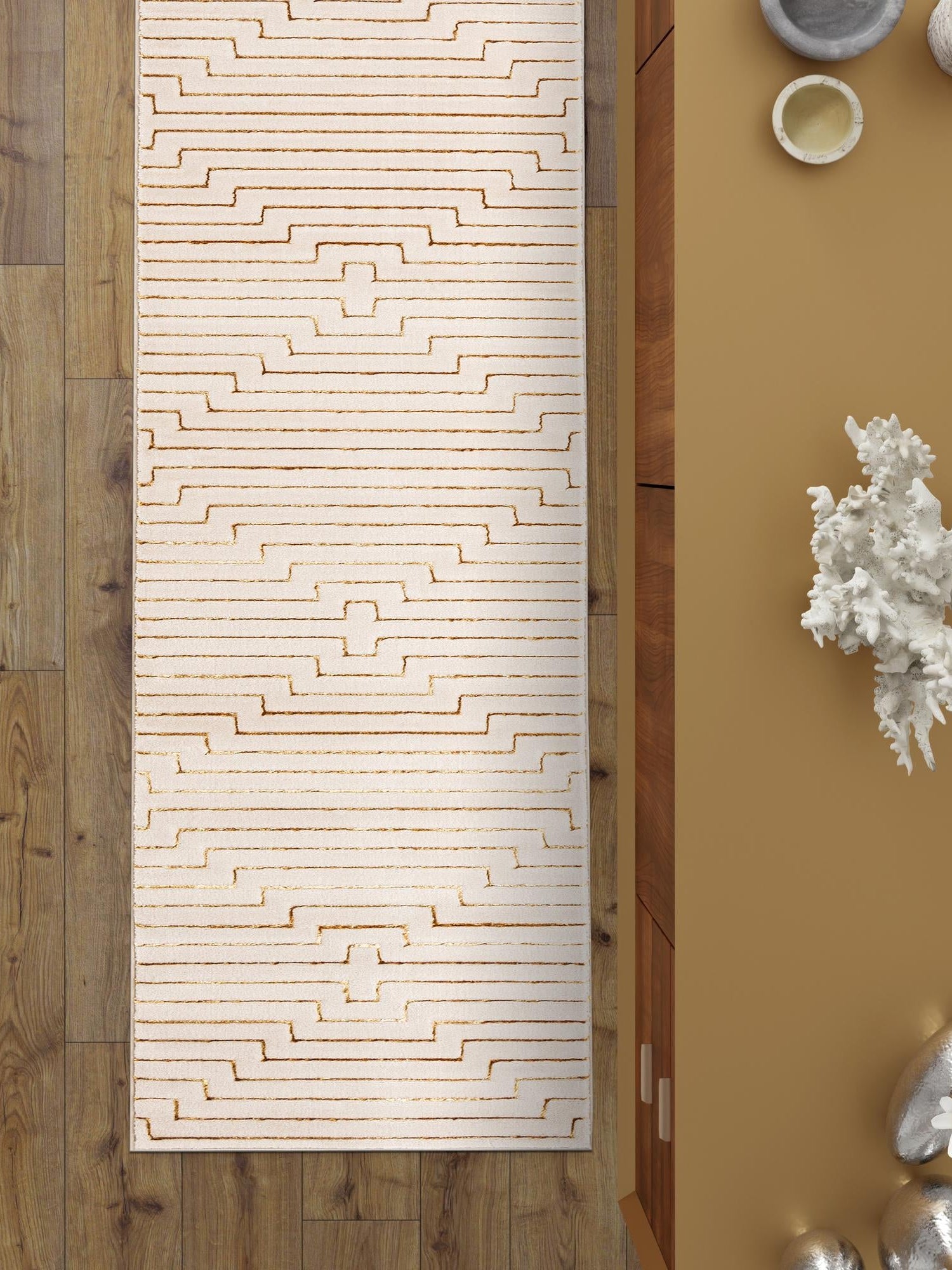 White and Gold 2' x 8' Vogue Geo Runner Area Rug Geometric Glam Style Shiny Accents Carpet Mat for Unique Interior Design & Home Decor for Sale at Rug Engine