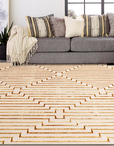 White and Gold 7' 10 x 7' 10 Vogue Geo Square Area Rug Geometric Glam Style Shiny Accents Carpet Mat for Unique Interior Design & Home Decor for Sale at Rug Engine