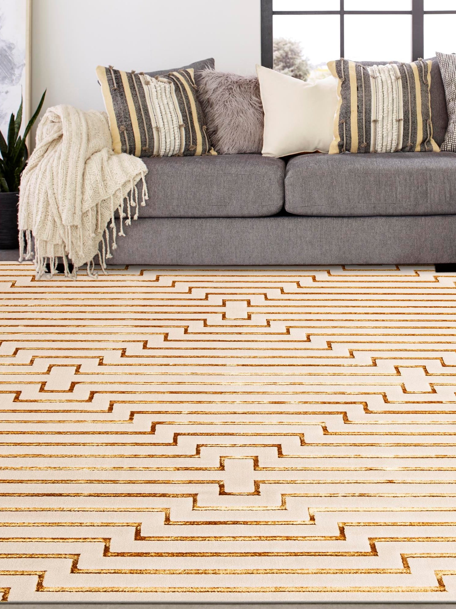 White and Gold 10' x 10' Vogue Geo Square Area Rug Geometric Glam Style Shiny Accents Carpet Mat for Unique Interior Design & Home Decor for Sale at Rug Engine