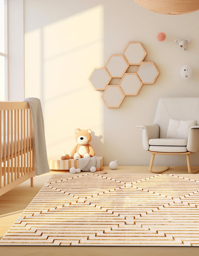 White and Gold 7' 10 x 7' 10 Vogue Geo Square Area Rug Geometric Glam Style Shiny Accents Carpet Mat for Unique Interior Design & Home Decor for Sale at Rug Engine