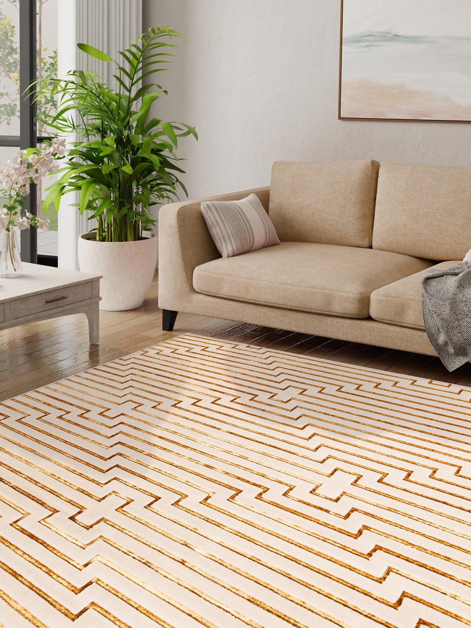 White and Gold 10' x 10' Vogue Geo Square Area Rug Geometric Glam Style Shiny Accents Carpet Mat for Unique Interior Design & Home Decor for Sale at Rug Engine