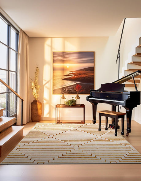 White and Gold 7' 10 x 7' 10 Vogue Geo Square Area Rug Geometric Glam Style Shiny Accents Carpet Mat for Unique Interior Design & Home Decor for Sale at Rug Engine