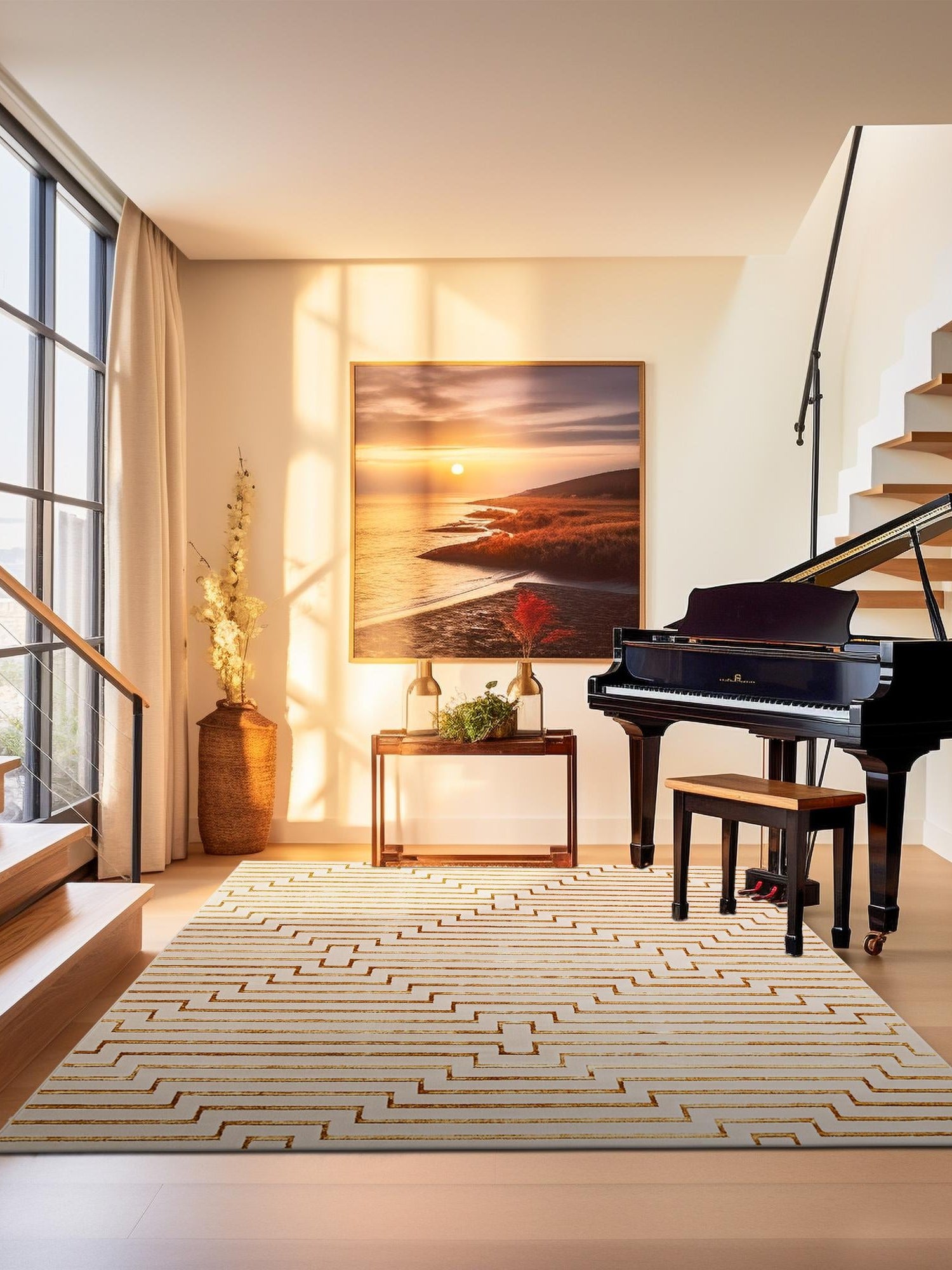 White and Gold 10' x 10' Vogue Geo Square Area Rug Geometric Glam Style Shiny Accents Carpet Mat for Unique Interior Design & Home Decor for Sale at Rug Engine