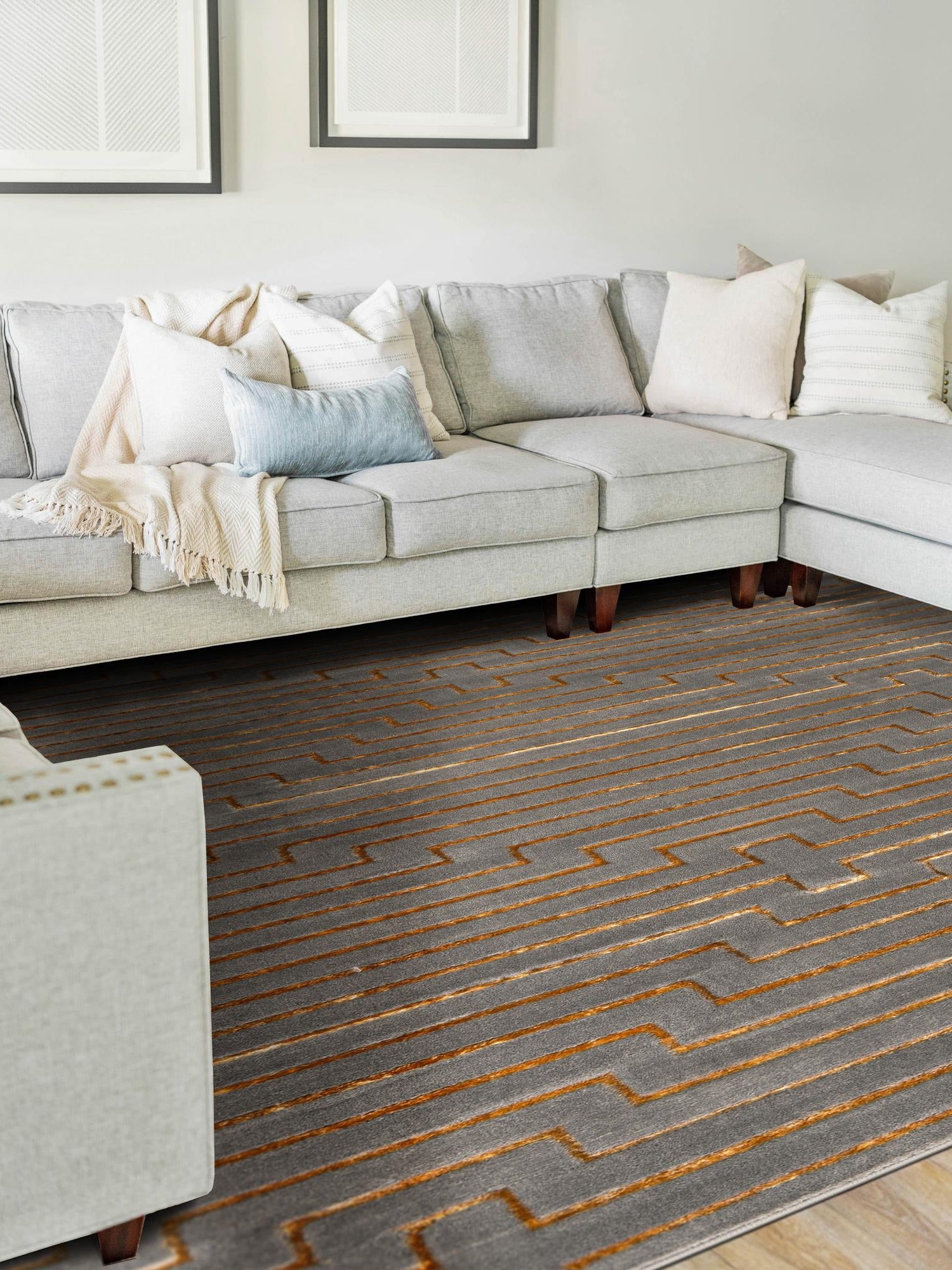 Gray and Gold 5' 3 x 8' Vogue Geo Rectangle Area Rug Geometric Glam Style Shiny Accents Carpet Mat for Unique Interior Design & Home Decor for Sale at Rug Engine