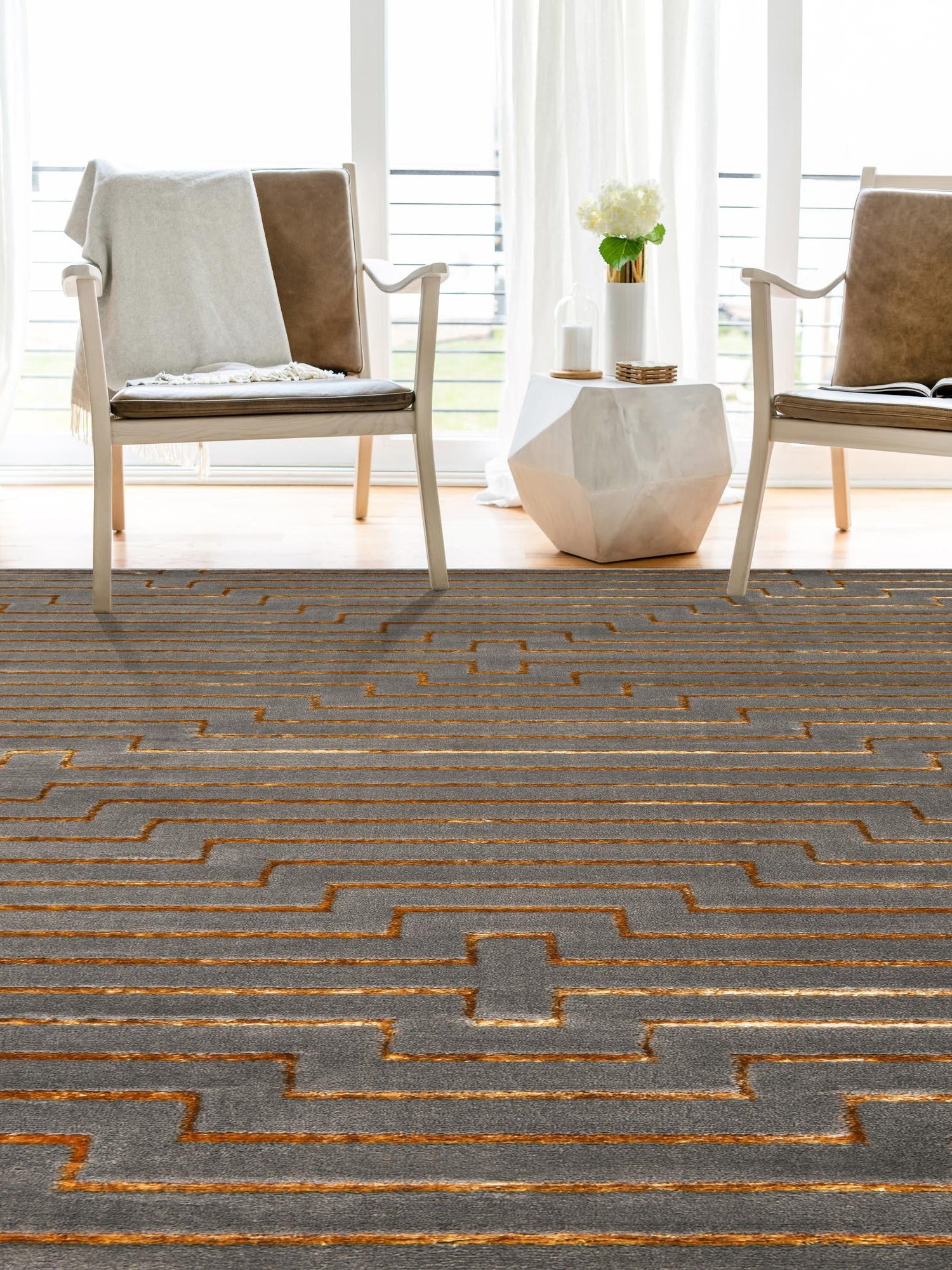 Gray and Gold 7' 10 x 10' Vogue Geo Rectangle Area Rug Geometric Glam Style Shiny Accents Carpet Mat for Unique Interior Design & Home Decor for Sale at Rug Engine