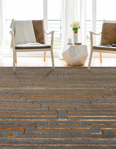 Gray and Gold 7' 10 x 10' Vogue Geo Rectangle Area Rug Geometric Glam Style Shiny Accents Carpet Mat for Unique Interior Design & Home Decor for Sale at Rug Engine