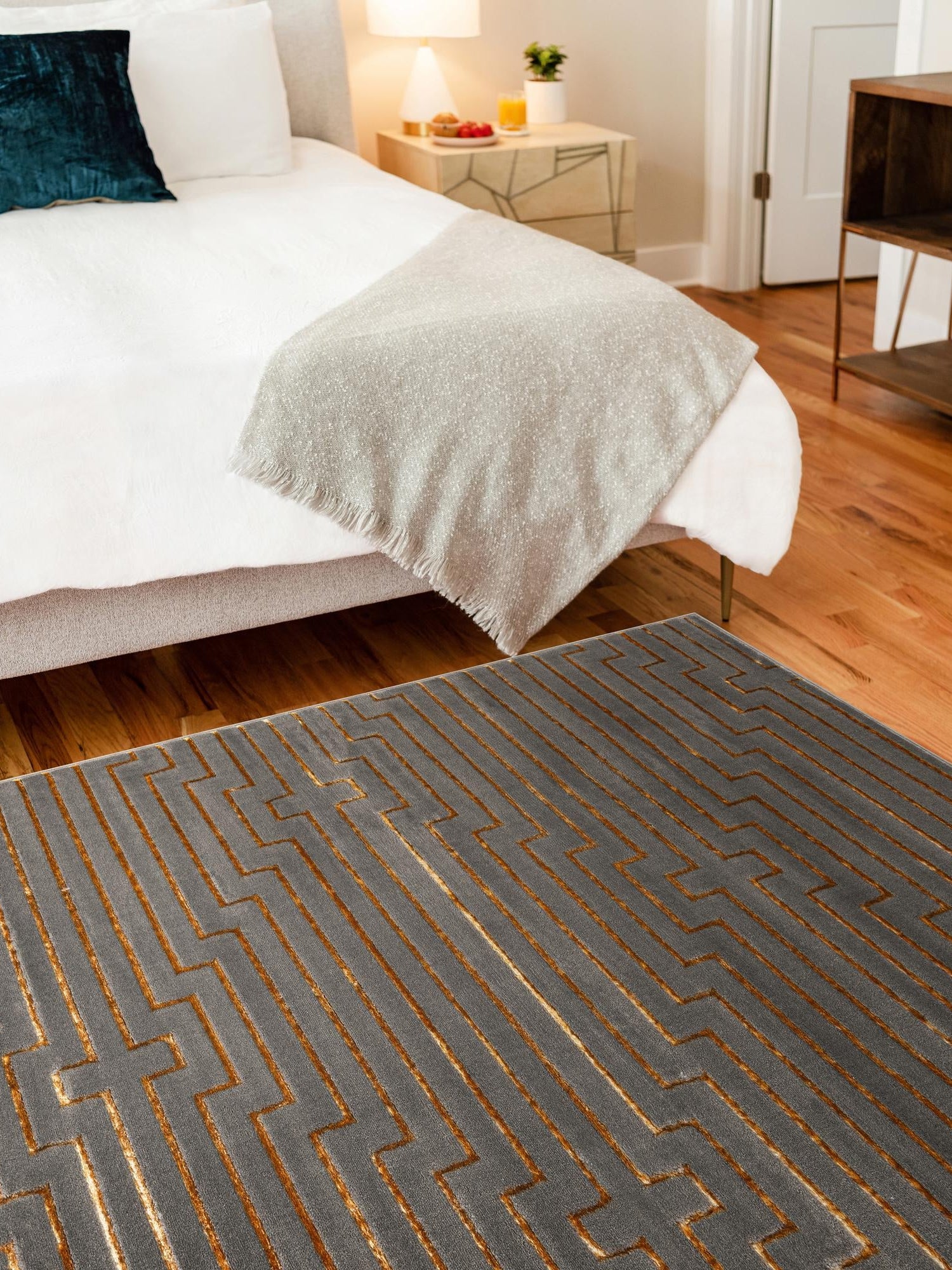 Gray and Gold 7' 10 x 10' Vogue Geo Rectangle Area Rug Geometric Glam Style Shiny Accents Carpet Mat for Unique Interior Design & Home Decor for Sale at Rug Engine