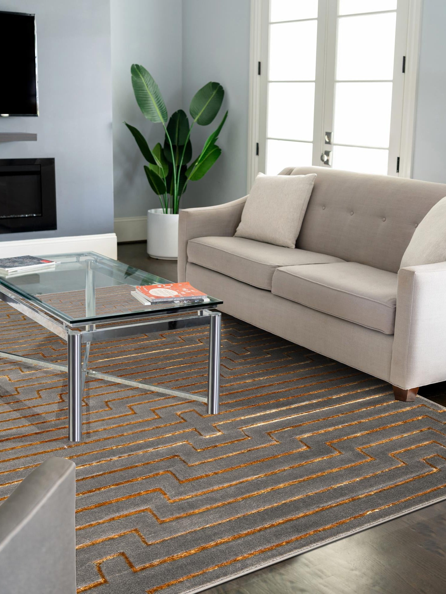 Gray and Gold 5' 3 x 8' Vogue Geo Rectangle Area Rug Geometric Glam Style Shiny Accents Carpet Mat for Unique Interior Design & Home Decor for Sale at Rug Engine