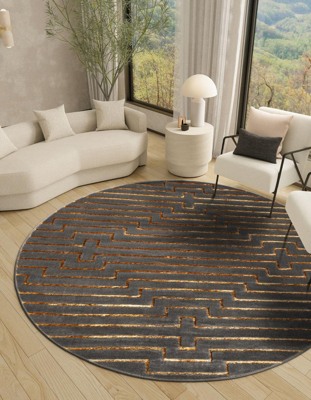Gray and Gold 10' x 10' Vogue Geo Round Area Rug Geometric Glam Style Shiny Accents Carpet Mat for Unique Interior Design & Home Decor for Sale at Rug Engine