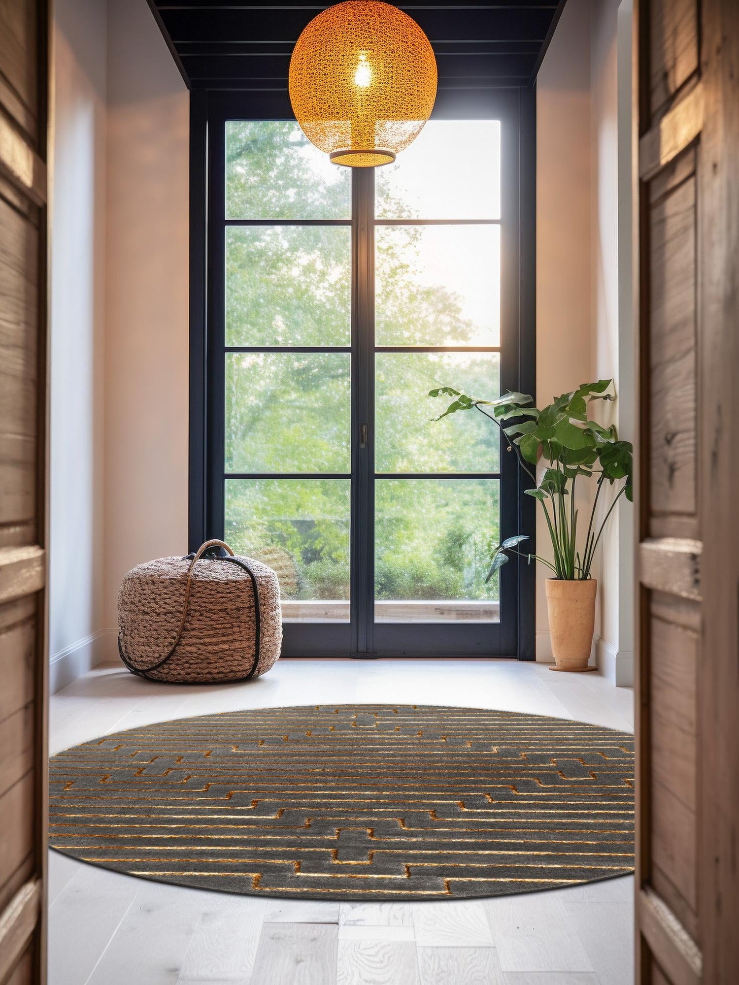 Gray and Gold 6' 1 x 6' 1 Vogue Geo Round Area Rug Geometric Glam Style Shiny Accents Carpet Mat for Unique Interior Design & Home Decor for Sale at Rug Engine