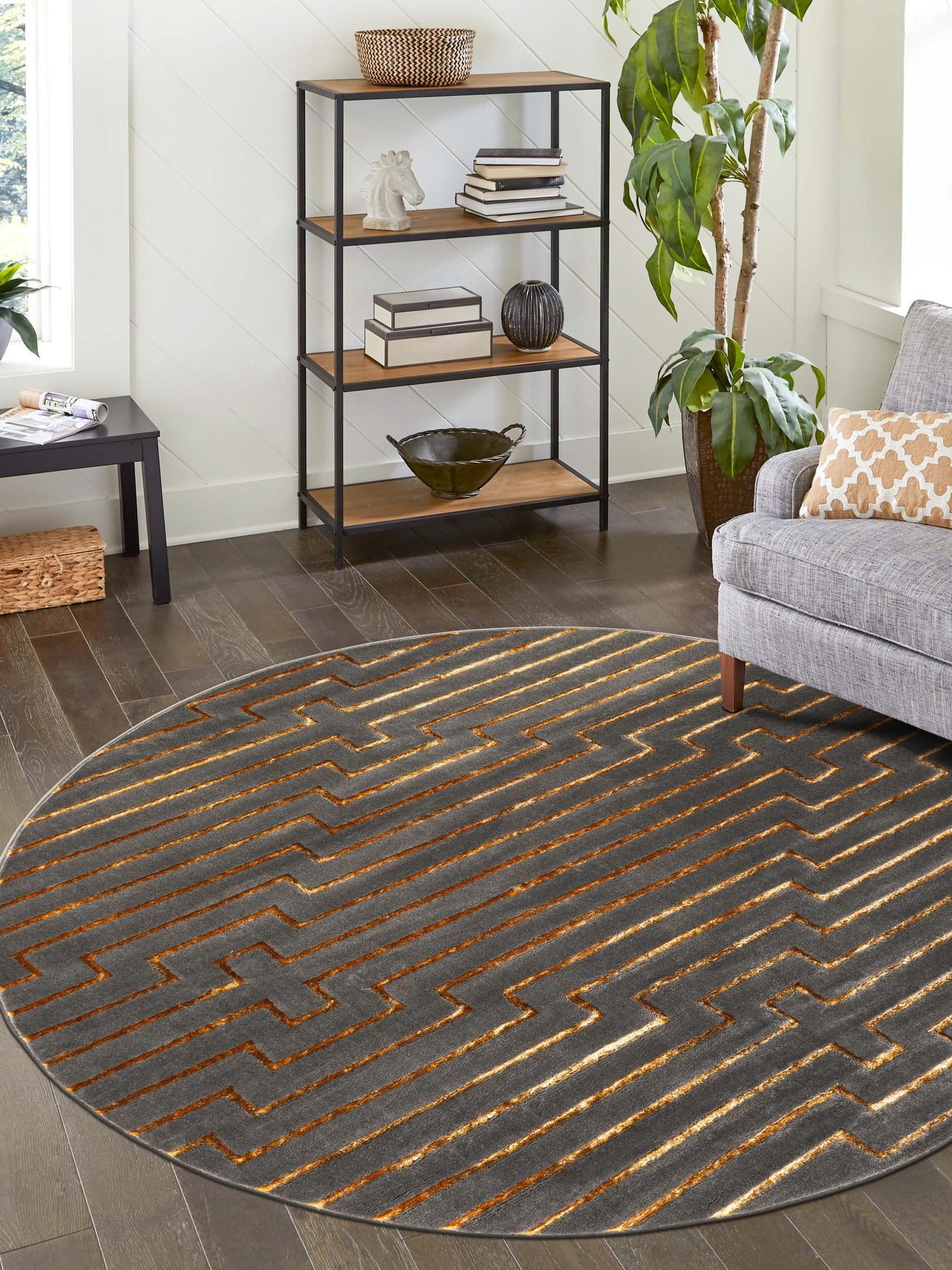 Gray and Gold 10' x 10' Vogue Geo Round Area Rug Geometric Glam Style Shiny Accents Carpet Mat for Unique Interior Design & Home Decor for Sale at Rug Engine