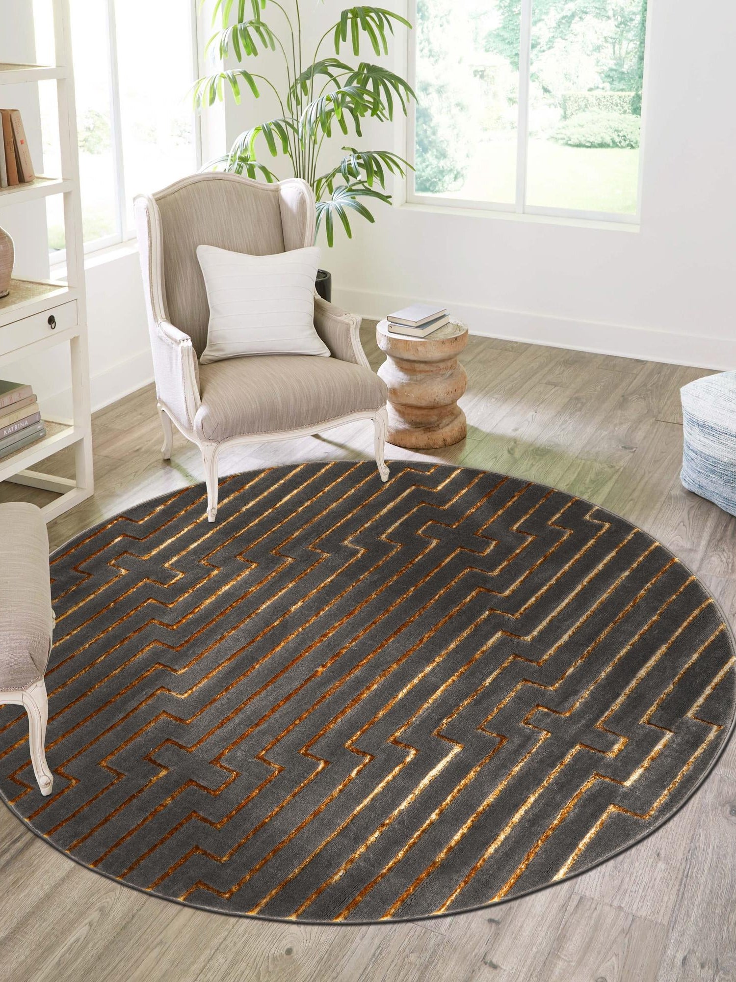 Gray and Gold 6' 1 x 6' 1 Vogue Geo Round Area Rug Geometric Glam Style Shiny Accents Carpet Mat for Unique Interior Design & Home Decor for Sale at Rug Engine