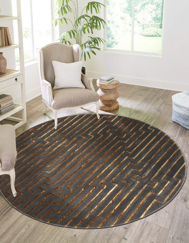 Gray and Gold 7' 10 x 7' 10 Vogue Geo Round Area Rug Geometric Glam Style Shiny Accents Carpet Mat for Unique Interior Design & Home Decor for Sale at Rug Engine