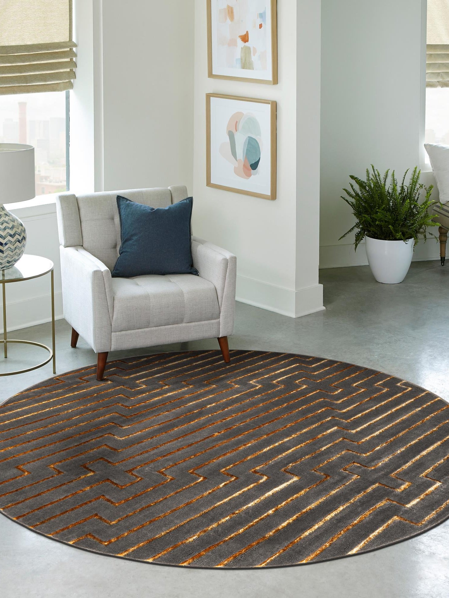 Gray and Gold 10' x 10' Vogue Geo Round Area Rug Geometric Glam Style Shiny Accents Carpet Mat for Unique Interior Design & Home Decor for Sale at Rug Engine