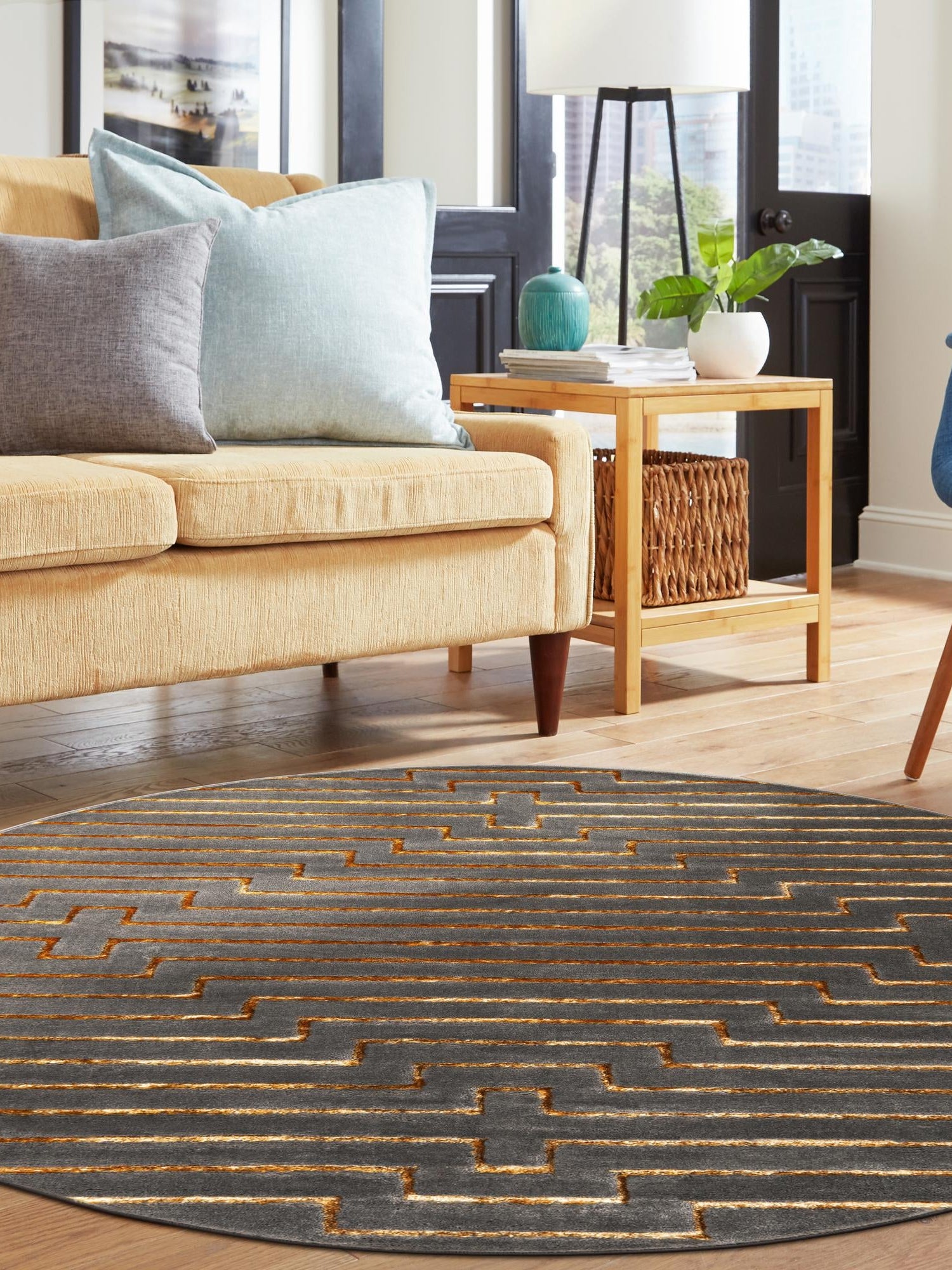 Gray and Gold 7' 10 x 7' 10 Vogue Geo Round Area Rug Geometric Glam Style Shiny Accents Carpet Mat for Unique Interior Design & Home Decor for Sale at Rug Engine