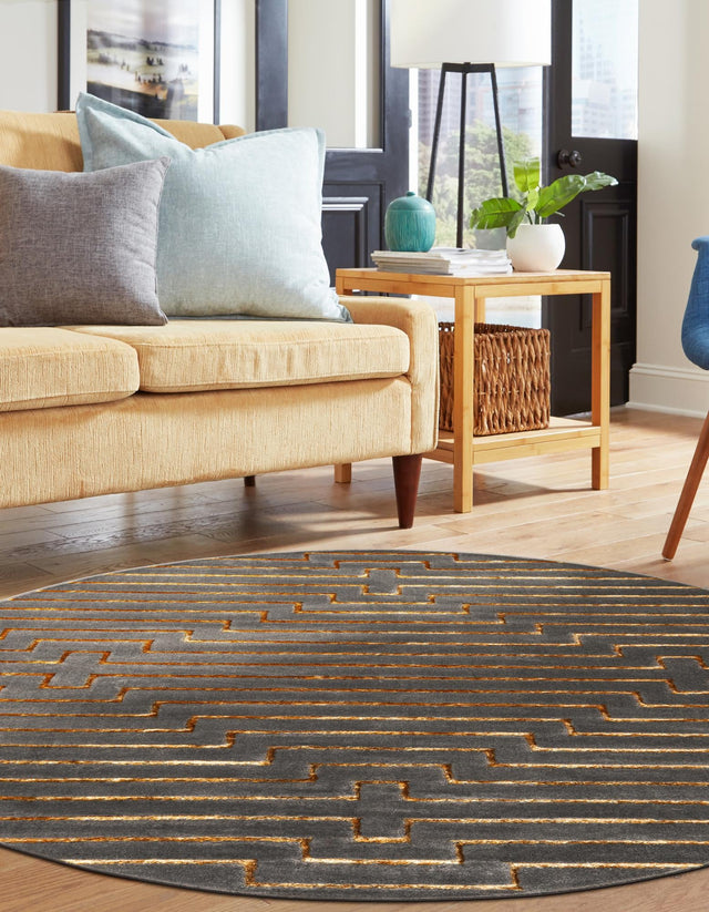 Gray and Gold 7' 10 x 7' 10 Vogue Geo Round Area Rug Geometric Glam Style Shiny Accents Carpet Mat for Unique Interior Design & Home Decor for Sale at Rug Engine