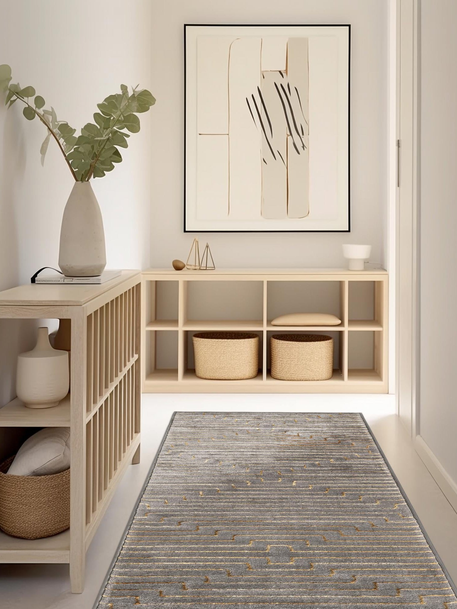 Gray and Gold 2' x 8' Vogue Geo Runner Area Rug Geometric Glam Style Shiny Accents Carpet Mat for Unique Interior Design & Home Decor for Sale at Rug Engine