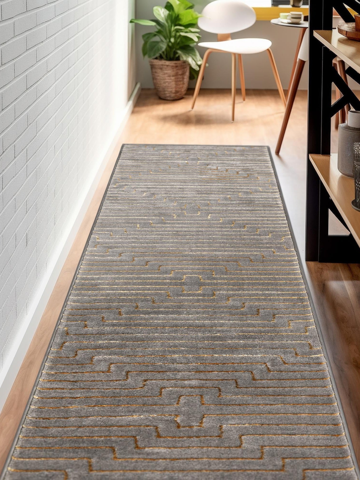 Gray and Gold 2' x 6' 1 Vogue Geo Runner Area Rug Geometric Glam Style Shiny Accents Carpet Mat for Unique Interior Design & Home Decor for Sale at Rug Engine