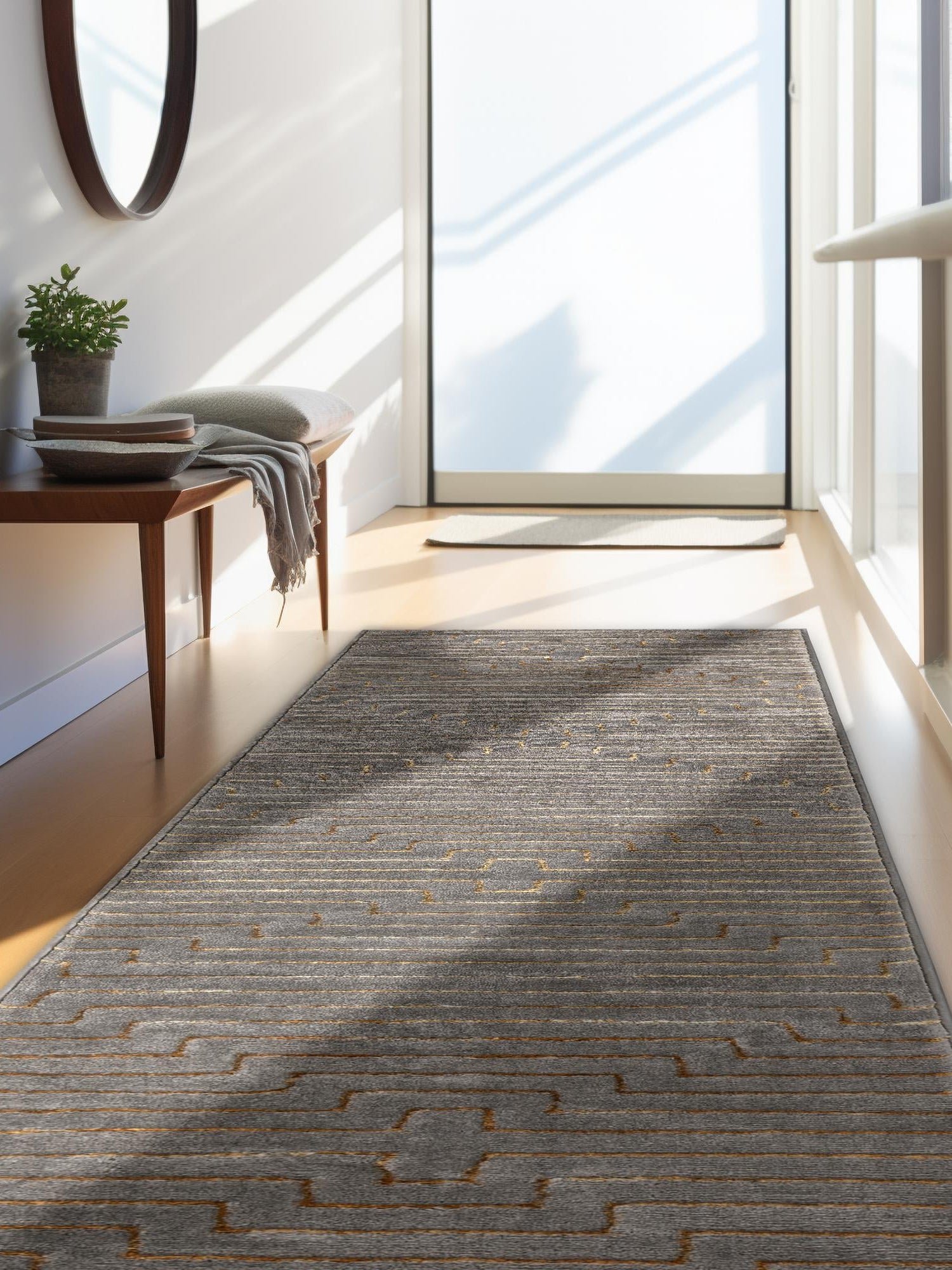 Gray and Gold 2' x 8' Vogue Geo Runner Area Rug Geometric Glam Style Shiny Accents Carpet Mat for Unique Interior Design & Home Decor for Sale at Rug Engine
