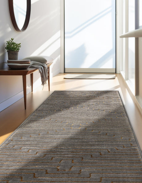 Gray and Gold 2' x 6' 1 Vogue Geo Runner Area Rug Geometric Glam Style Shiny Accents Carpet Mat for Unique Interior Design & Home Decor for Sale at Rug Engine