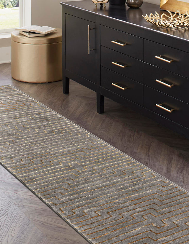 Gray and Gold 2' x 6' 1 Vogue Geo Runner Area Rug Geometric Glam Style Shiny Accents Carpet Mat for Unique Interior Design & Home Decor for Sale at Rug Engine
