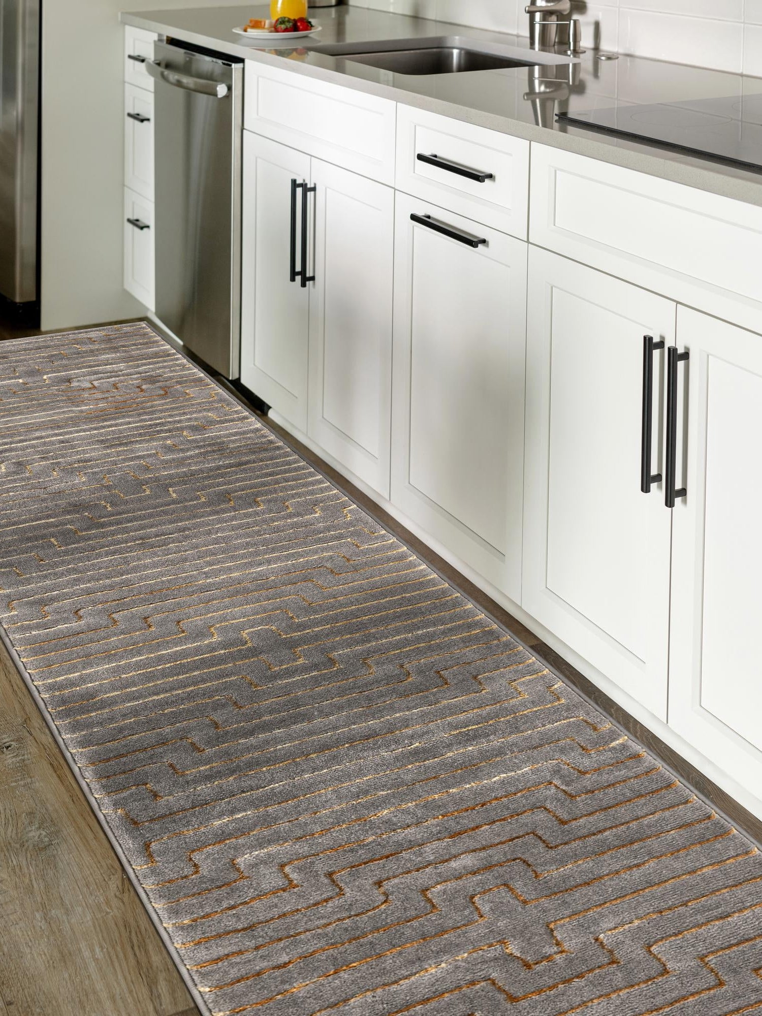 Gray and Gold 2' x 6' 1 Vogue Geo Runner Area Rug Geometric Glam Style Shiny Accents Carpet Mat for Unique Interior Design & Home Decor for Sale at Rug Engine