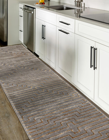 Gray and Gold 2' x 6' 1 Vogue Geo Runner Area Rug Geometric Glam Style Shiny Accents Carpet Mat for Unique Interior Design & Home Decor for Sale at Rug Engine