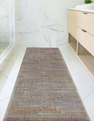 Gray and Gold 2' 7 x 12' Vogue Geo Runner Area Rug Geometric Glam Style Shiny Accents Carpet Mat for Unique Interior Design & Home Decor for Sale at Rug Engine