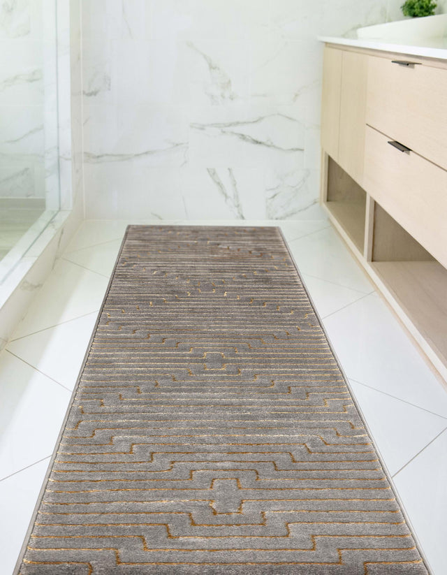 Gray and Gold 2' 7 x 12' Vogue Geo Runner Area Rug Geometric Glam Style Shiny Accents Carpet Mat for Unique Interior Design & Home Decor for Sale at Rug Engine