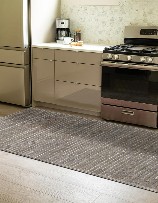 Gray and Gold 2' 7 x 12' Vogue Geo Runner Area Rug Geometric Glam Style Shiny Accents Carpet Mat for Unique Interior Design & Home Decor for Sale at Rug Engine
