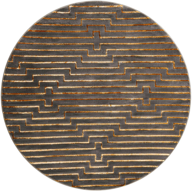 Gray and Gold 7' 10 x 7' 10 Vogue Geo Round Area Rug Geometric Glam Style Shiny Accents Carpet Mat for Unique Interior Design & Home Decor for Sale at Rug Engine
