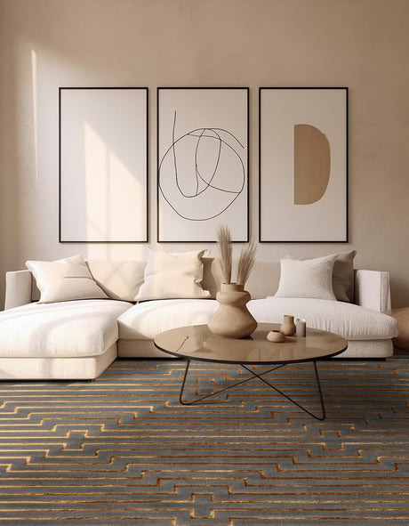 Gray and Gold 7' 10 x 7' 10 Vogue Geo Square Area Rug Geometric Glam Style Shiny Accents Carpet Mat for Unique Interior Design & Home Decor for Sale at Rug Engine