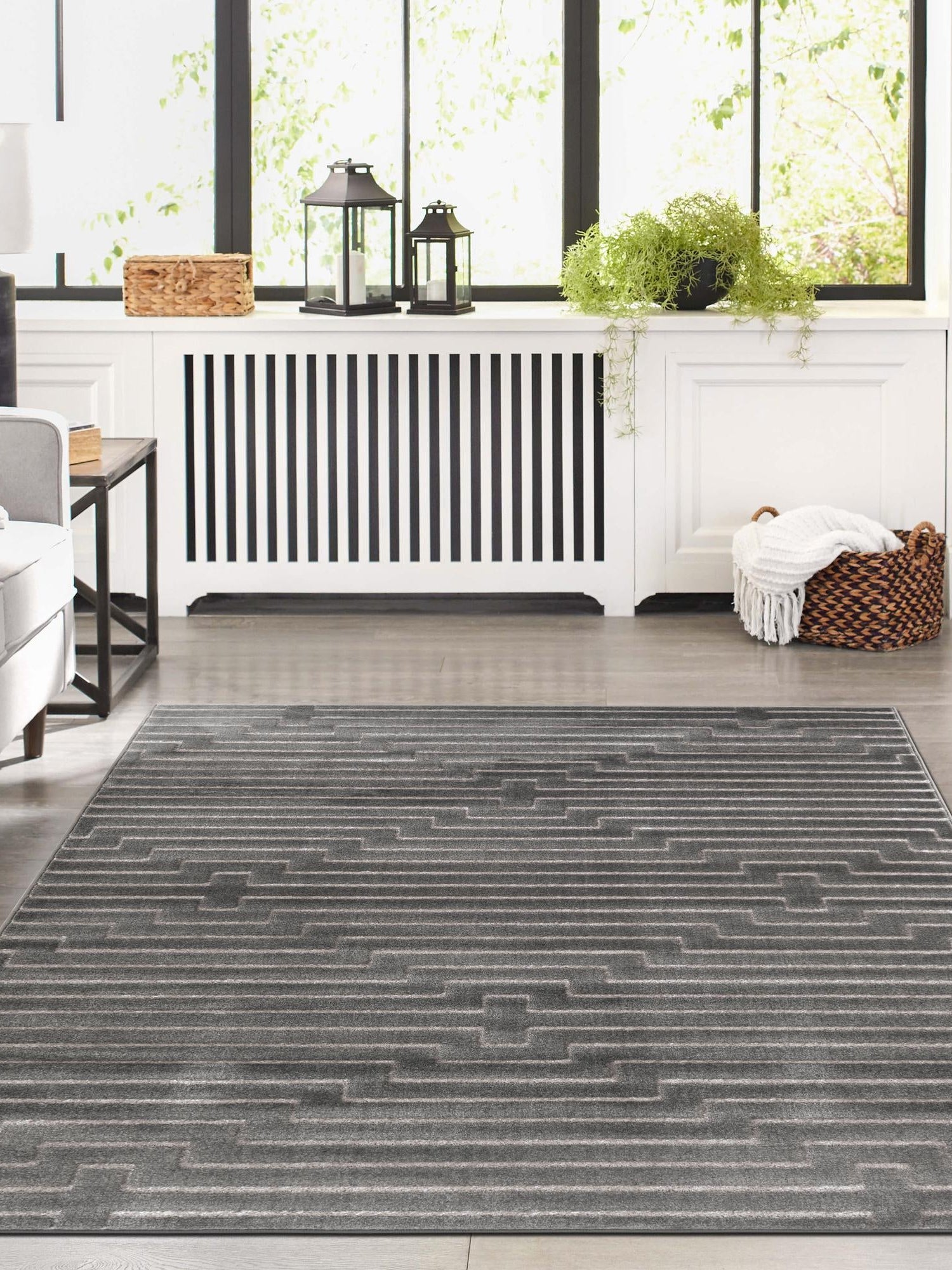 Gray and Silver 4' 1 x 6' 1 Vogue Geo Rectangle Area Rug Geometric Glam Style Shiny Accents Carpet Mat for Unique Interior Design & Home Decor for Sale at Rug Engine