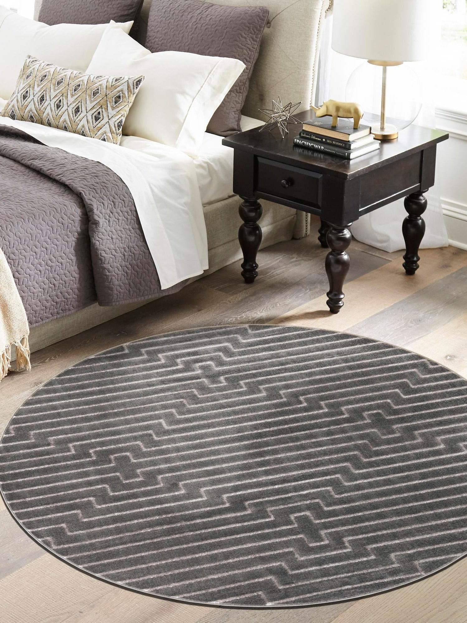 Gray and Silver 6' 1 x 6' 1 Vogue Geo Round Area Rug Geometric Glam Style Shiny Accents Carpet Mat for Unique Interior Design & Home Decor for Sale at Rug Engine