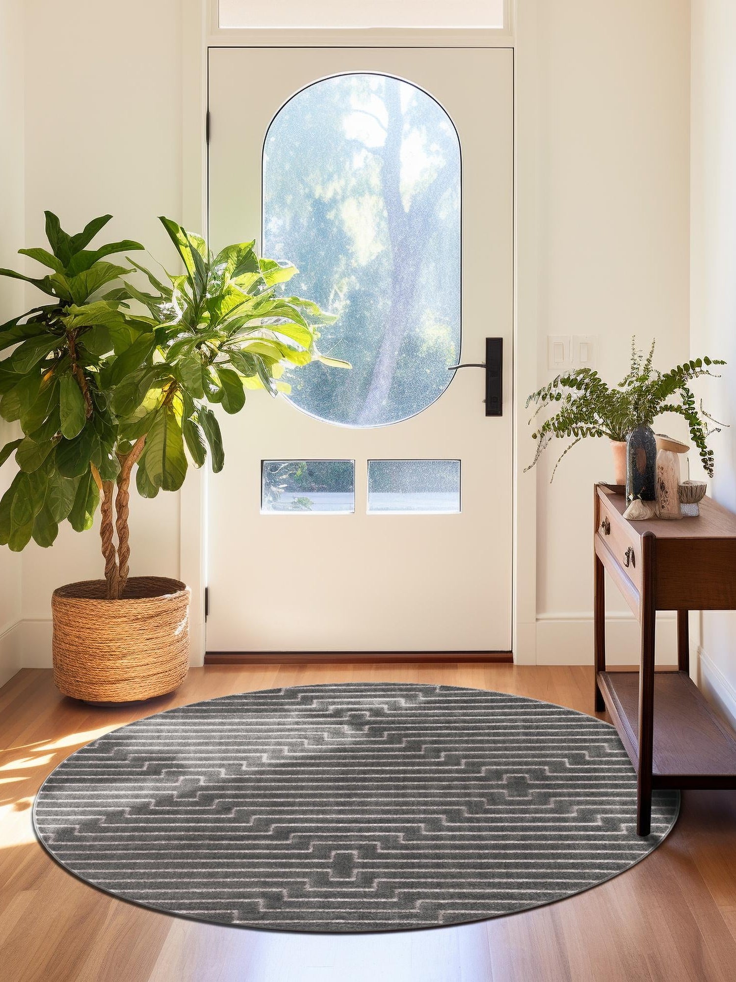 Gray and Silver 10' x 10' Vogue Geo Round Area Rug Geometric Glam Style Shiny Accents Carpet Mat for Unique Interior Design & Home Decor for Sale at Rug Engine