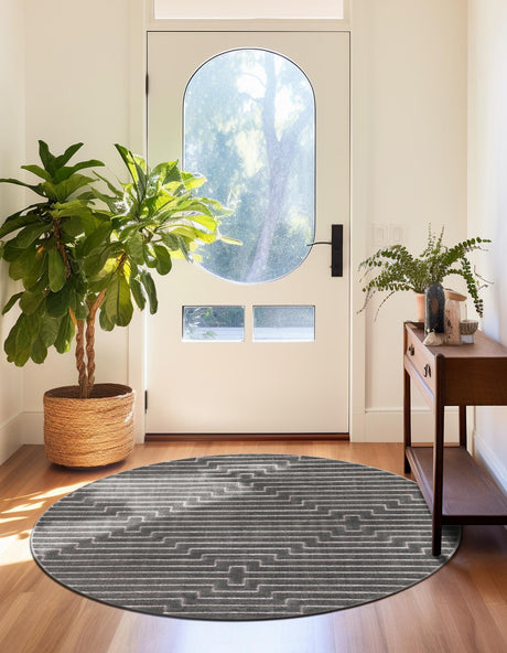 Gray and Silver 10' x 10' Vogue Geo Round Area Rug Geometric Glam Style Shiny Accents Carpet Mat for Unique Interior Design & Home Decor for Sale at Rug Engine