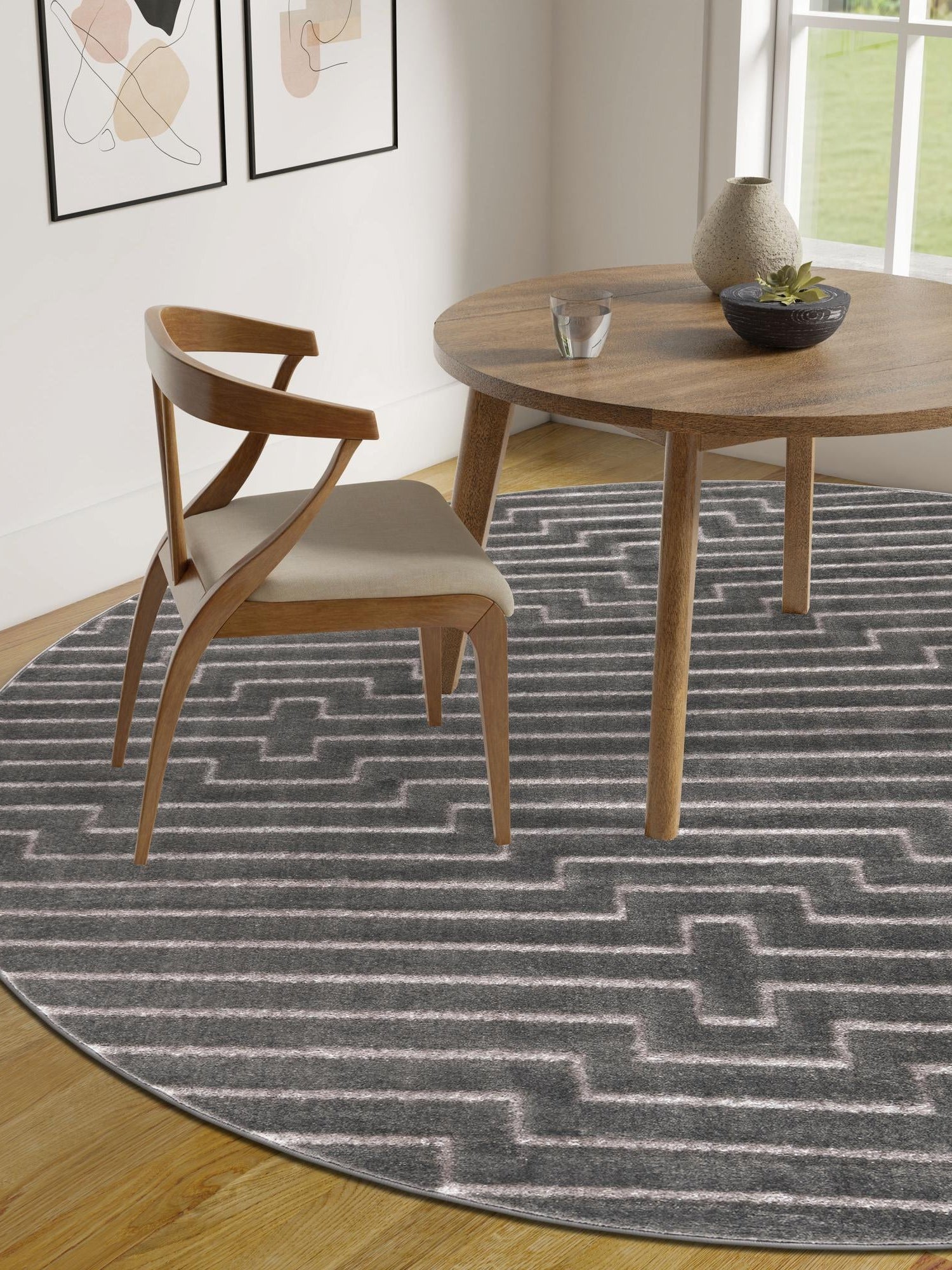 Gray and Silver 6' 1 x 6' 1 Vogue Geo Round Area Rug Geometric Glam Style Shiny Accents Carpet Mat for Unique Interior Design & Home Decor for Sale at Rug Engine