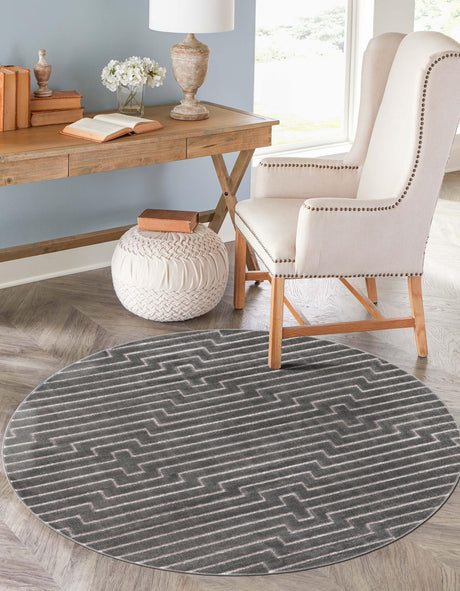 Gray and Silver 3' 1 x 3' 1 Vogue Geo Round Area Rug Geometric Glam Style Shiny Accents Carpet Mat for Unique Interior Design & Home Decor for Sale at Rug Engine